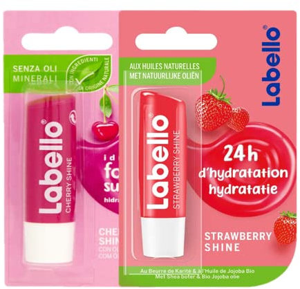 Labello Strawberry Shine & Cherry Shine Lippenbalsam 4,8 g Mix von Gusti – angereichert mit natürlichen Ölen, Lippenpflege und langanhaltender Feuchtigkeit für 24 Stunden
