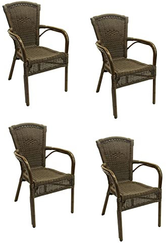 Konway 4X Colombo Stapelsessel Braun Premium Polyrattan Garten Sessel Stuhl Set Gartenstühle Gartenmöbel Terrasse Sitzgruppe Outdoor Lounge Möbel