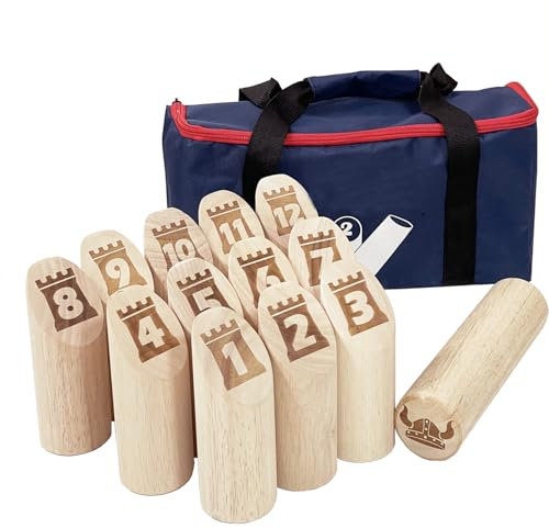 JacMok Numbered Toss -Wurfspiel - Wikingerspiel – Nummern Bowling mit Tasche-Holzwurfspiel Kegelspiel Spielzeug für draussen