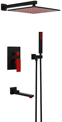 CAZARU Schwarzes und rotes Regenmischer-Duschkombinationsset Wandmontiertes Badezimmer-Duscharmatur-Set mit Duschkopf, Handbrause, Wannenauslauf, eingebetteter Box