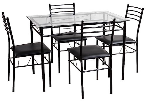 HOMASIS Juego de Mesa de Comedor con 4 Sillas, Mesa de Cristal, Sillas de Comedor, Patas de Metal, Juego de 5 Piezas, Mesa de Cocina Moderna con Sillas, para Salón, Cocina, Sala de Estar, Negro