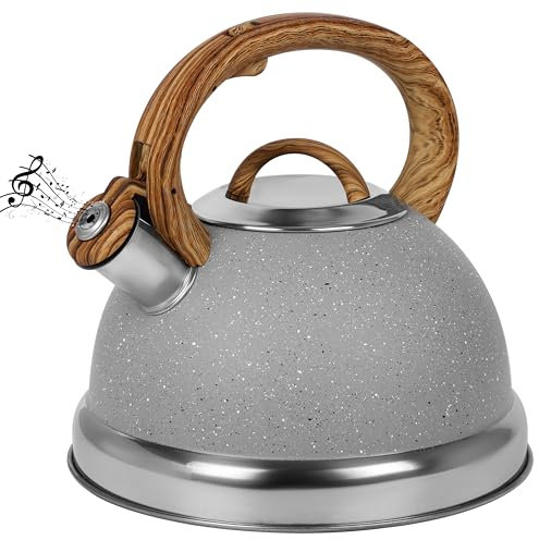 Belle Vous Light Grey Whistling Tea Kettle - 3L Tea Pot for Stovetop/Induction Hob - Stainless Steel Hot Water Camping Kettle Teapot for Tea/Coffee