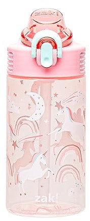 Zak Designs Sage Water Bottle For School or Travel, 16oz Durable Plastic Water Bottle With Straw, Handle, and Leak-Proof, Pop-Up Spout Cover (Fanciful Unicorn)