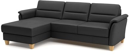 CAVADORE Leder-Eckcouch Palera mit Longchair / Landhaus-Sofa mit Federkern + massiven Holzfüßen / 244 x 89 x 163 / Leder Schwarz