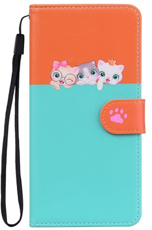 Butnyeoe Phone Case for iPhone 8/7/SE 2020/2022 - Cute Cartoon Cats PU Leather Magnetic Wallet Flip Folio Protective Cover Case with Kickstand and Card Slots, Orange+Blue