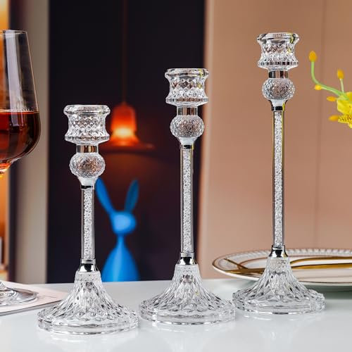 Kristall Kerzenständer Stabkerzen Hoch,Set of 3 Kerzenhalter Glas Elegant für Stabkerze Kerzen für Hochzeit Tischdeko Weihnachten Advent Wohnzimmer Vintage Deko (Weiß)