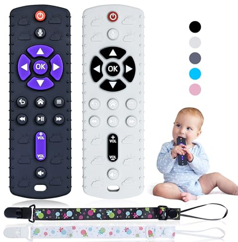 Orzbow 2 Pcs Telecomando Giocattolo per Neonati, Massaggia Gengive Neonati con Clip Ciuccio e Pulsanti Premibili, Giochi Dentizione Neonato Silicone per 0-12 Mesi, Nero & Grigio Chiaro