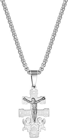 Bulckrew Kreuz Caravaca Halskette Edelstahl: Silber Venezianische Kette mit Engel Jesus Kreuz Anhänger Religiöser Amulett Kruzifix Cross Geschenk für Familie Freunde