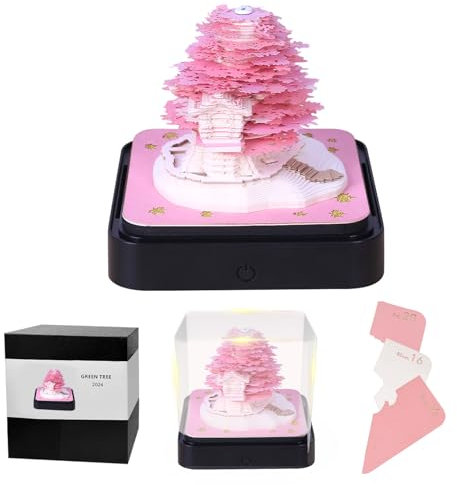3D-Memo- und Rubbelblöcke, Kalender 2024, Sakura-Baum, 3D-Kunst-Memoblock mit Lichtern, Zeitmesser, Kalender, DIY, Schnitzkunst, Notizblock (Rosa)