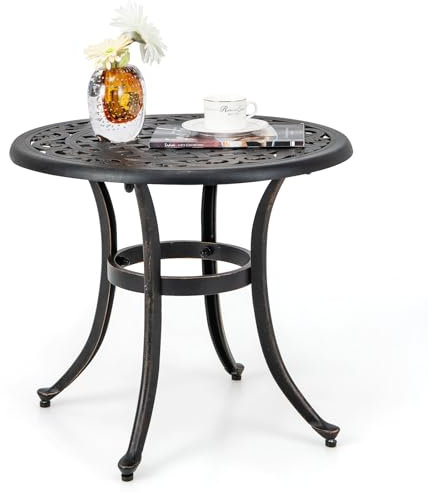 GOPLUS Beistelltisch rund, Ø60cm Gartentisch Metall mit Ausschnittmuster, Balkontisch klein wetterfest, Bistrotisch Kaffeetisch Terrassentisch, Esstisch Outdoor für Balkon Garten Terrasse (Antikbraun)