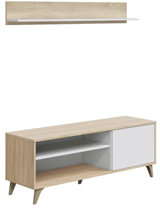 Homey Mueble de TV de Diseño Nórdico, 2 Compartimentos de Almacenamiento y 2 Puertas, Apto para Televisores de hasta 77 Pulgadas, Madera, Blanco-Roble, 50cm (Alto) x 135cm (Ancho) x 40cm (Fondo)