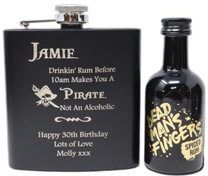 Black Hip Flask & Miniature Alcohol - Pirate Rum Design (DMF Spiced Rum/No Gift Box) 37.5% vol