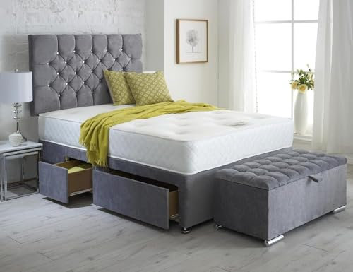 ComfoRest - Luxurious 6FT Super King Bed with Mattress | Divan Frame with Ottoman Storage Box | Functional Set with 4 Drawers for Contemporary Spaces (Silver Naples)