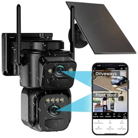 Uniter 4K Dual Lens Solar Security Camera Wireless Outdoor, 2.4G/5G WiFi, Panoramic & Tracking Cam 2 in 1 for Home Security with Color Night Vision, Human Detection, Siren, PTZ, 2-Way Audio