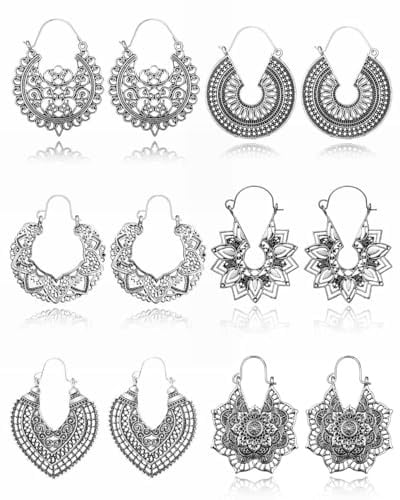 QLEUIFT 6 Paar Vintage böhmische Tropfen baumeln Ohrringe Boho National Style Hohles Blütenblatt Herzförmige Perlen Statement Ohrringe für Frauen Mädchen Hypoallergener Goldschmuck, Silber