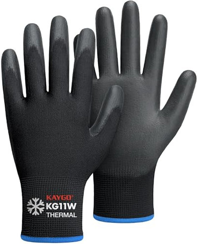 KAYGO Work Gloves PU Coated-12 Pairs, Thermal Fleece Liner, Good Grip, KG11W, Winter Safety Work Gloves for Men and Women, Ideal for Cold Weather Work Freezer Storage Warehouse (Medium, Black)