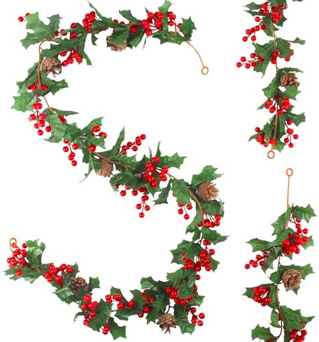 Guirnalda Decorativas Navideñas 175cm Artificiales Guirnalda Navidad para Escalera Color Rojo Bayas Piñas para Invierno, Navidad, Vacaciones, Año Nuevo, Chimenea Escalera