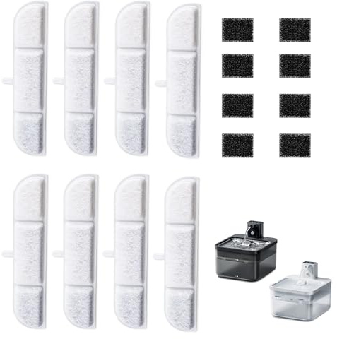 8 Pack Replacement Filters Compatible with Downy Paws Cat Water Fountain - Triple Filter Filters for DownyPaws DPWFP6 2.5L Cordless Fountain (8 Filters & 8 Sponges)