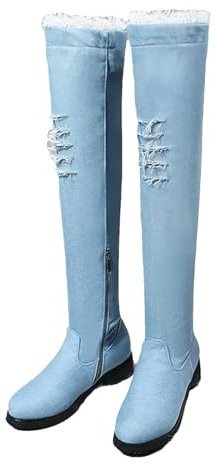 Lmtossey Stivali in denim con cerniera Hollow nappa stivali lunghi moda sexy sopra il ginocchio stivali jeans, Azzurro, 50 EU