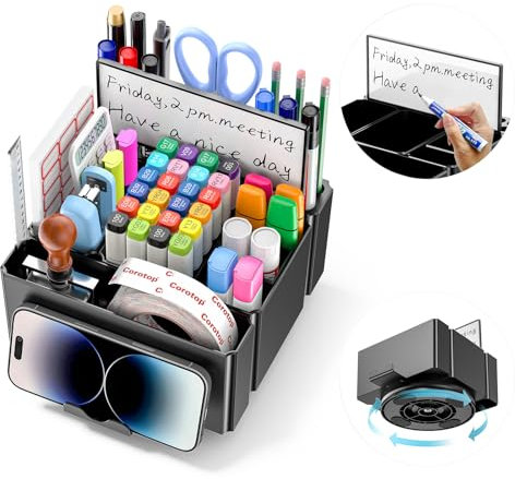 KDD Stiftehalter Schreibtisch mit Handyhalterung und Whiteboard, Stifte Organizer Drehbar mit 6 Fächern und 12 Stiftfächern - Stifte Aufbewahrung & Markierungshalter für Schule Büroausstattung