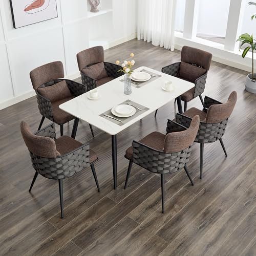 AISALL Esszimmerstühle 6er Set, Küchenstuhl, Polsterstuhl mit Gewebte Riemen Armlehnen, Wohnzimmerstuhl Sessel für Esszimmer, Küche, bis 136 kg belastbar, Metallbeine, Braun