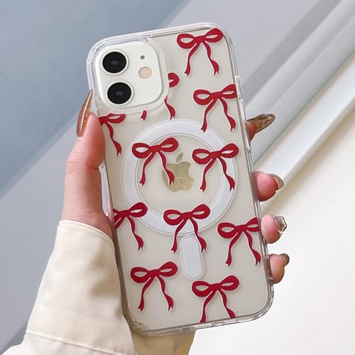 UEEBAI Magnetic for iPhone 11 Case, Bow Case Compatible with MagSafe, Wireless Slim Clear Ribbon Aesthetic Phone Case Anti-Yellowing Shockproof Protective Cover for Women Girl - Burgundy