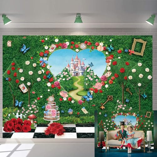 Wonderland Tea Party Backdrop 7X5FT Fairy Tale Castle Green Leaves Rose Wall Photography Background Princess Kids Birthday Party Baby Shower Newborn Decorations Photo Props