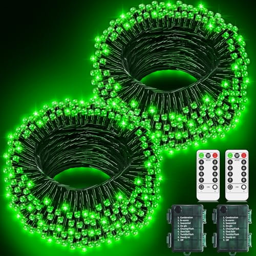 2 Pack Halloween Lights Outdoor Decorations Green Fairy Lights Battery Operated Total 20M 200LED Christmas String Lights Waterproof with Remote Timer 8 Modes for Outside Garden Patio Party Indoor