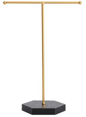 Aegistus Jewelry Stand Display Necklace Holder T-Bar Plated Metal Tabletop Jewelry Organizer Tower for Show Jewelry Hanging Pendant Earring Bracelet Ring Accessorie with Black Marble Plywood Bases