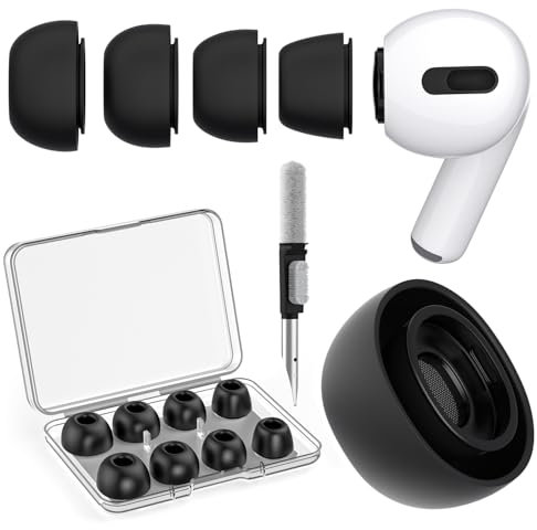 SOGUDE 4 Paar Silikontips für Airpods Pro 1/ Airpods Pro 2 mit Loch zur Geräuschreduzierung, Airpods Pro Aufsätze mit Tragbarer Aufbewahrungsbox, Ersatz Ohrstöpsel mit Cleaner Stift XS/S/M/L-Schwarz