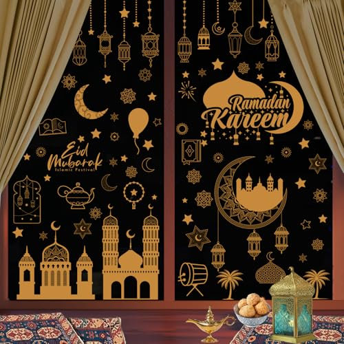 HOOWA Fensterbilder Ramadan Fensteraufkleber, Eid Mubarak Dekoration Fensterbilder Selbstklebend Ramadan Aufkleber, Fenstersticker Ramadan Sticker für Ramadan Deko Ramadan Dekoration Fensterdeko