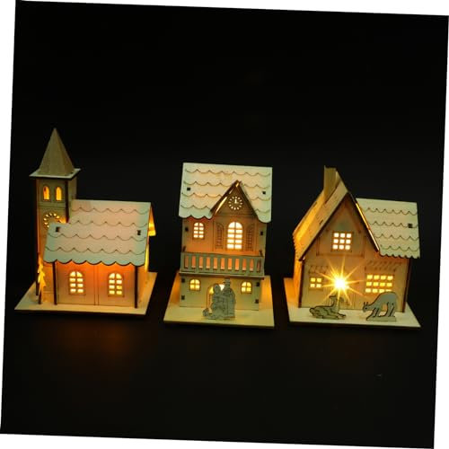 Cabilock 3stücke Teiliges Holzhaus Weihnachtsdeko Mit Warmem Led-licht Festliche Miniatur Winterdorf Figuren Handgefertigte Leuchtende Xmas-Ornamente Für Stimmungsvolle Raum Tischangeboten
