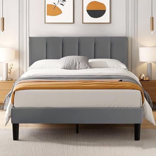 VECELO Polsterbett 140 x 200 cm Bettgestell Doppelbett mit Höhenverstellbarem Kopfteil, Lattenrost mit Samtbezug, Einfache Montage, Grau