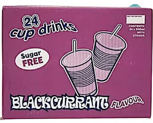 Sugar Free Cup Drinks 24 Pack 200ml Each with Straw Refreshing Drink in Cola Raspberry Blackcurrant Orange Lime Lemon Bubblegum & Mixed Flavour (3 pack of 24, Blackcurant)