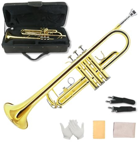 YoungMonic Bb Standard-Trompeten-Set für Anfänger oder Studenten, mit Hartschalenkoffer, 7C-Mundstück, Reinigungstuch und Handschuhen (goldfarben)