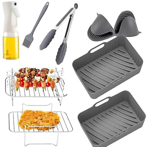 Silicone Air Fryer Liner for Ninja Foodi Dual AF300UK,AF400UK,SL400UK,Tower T17088/9.5L,7.6L,Dual Air Fryer Accessories Set of 9 pcs Including Liners/Griling Rack/Gloves/Tong/Oil Sprayer+Brush (Grey)
