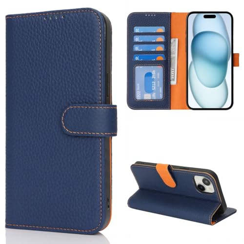 CAVOR Handyhülle kompatibel mit iPhone 15 Hülle,Flip Echtleder Geldbörse Hülle,[4 Kartenfächer][Schnalle][RFID-Blocker],Klapphülle Handytasche - Blau+Orange