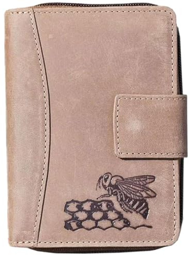 4Bee Elegante Damen Leder Geldbörse Mit Bienenmotiv – Modell 542 – Hochwertiges Rindsleder – Viele Fächer – Kompaktes Format 13×9,5×3,5 cm – Braun
