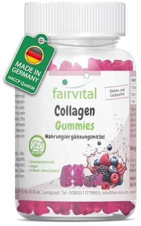fairvital Caramelle gommose al collagene, 60 pezzi, 1000 mg per dose giornaliera, con sodio e ferro, ad alto dosaggio, senza zucchero, qualità testata e ad alto dosaggio, Made in Germany