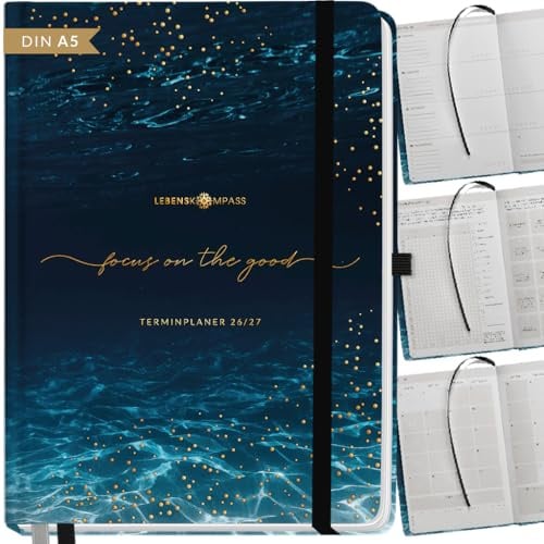Lebenskompass® Kalender 2026 2027 A5 Dive - Terminplaner Juli 2026 bis Dezember 2027 - 18 Monate Wochenplaner & Buchkalender mit Achtsamkeit, Hardcover mit Goldprägung