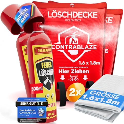 Feuerlöschdecke 2X 1,6x1,8m + Feuerlöschspray 2X 500ml – Brandschutz Set für Haushalt, Küche & Auto – Mini Feuerlöscher Spray + Löschdecke EN1869 – für Fettbrand, Elektrobrand & Notfälle