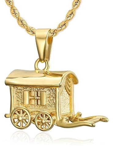 BOBIJOO Jewelry - Pendentif Collier Roulotte Verdine Caravane Voyageurs Gitans Acier Or Plaqué Chaîne