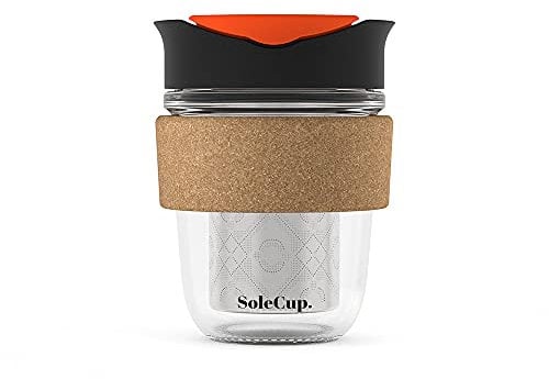 SoleCup. Travel Mug Loose Tea Infuser - Detachable Tea Strainer with Spillproof Lid - BPA-Free Reusable Glass Travel Coffee Cup with Cork Band (Black)