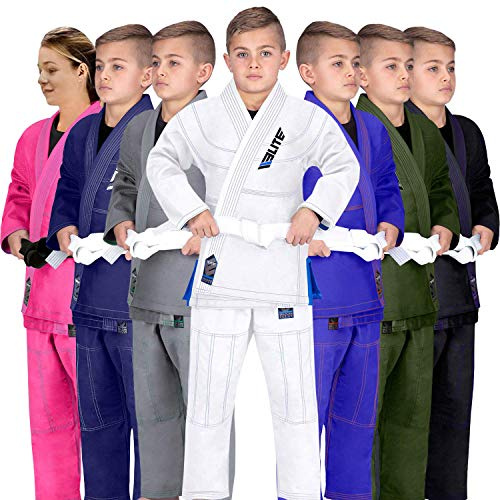 Elite Sports IBJJF Ultra Light BJJ Brazilian Jiu Jitsu Gi for Kids with Preshrunk Fabric and Free Belt (White, 1)