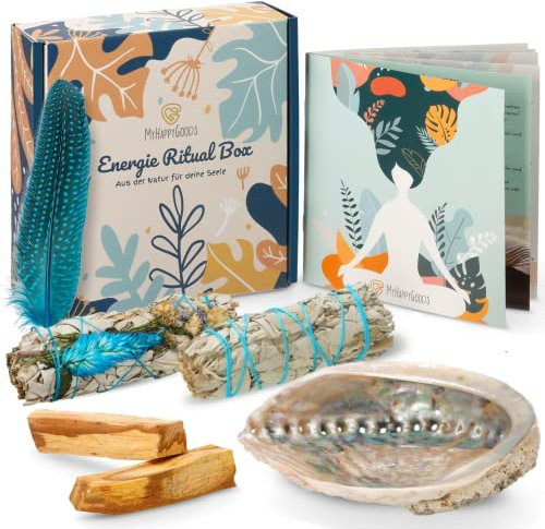 MyHappyGoods Premium Räucherset I Weißer Salbei I Räuchersalbei. Weißer Salbei zum Räuchern von Palo Santo, Weißer Salbei I Große robuste Abalone-Muschel I Räucherpaket I Ausführliche Anleitung