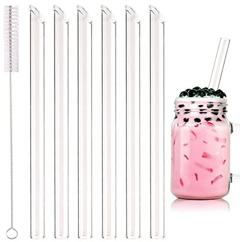 Paille en Verre réutilisables, 6 pièces 14mm Droit Pailles en verre Transparentes et 1 brosses de Nettoyage, paille bubble tea pour cocktail, jus de fruits, gin