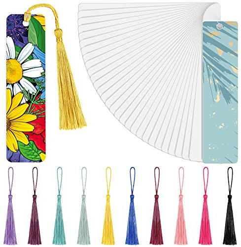 Tenare 50 Stück Sublimation Leeres Lesezeichen Sublimation Metall Aluminium DIY Lesezeichen mit Loch und Bunten Quasten für Geburtstag Hochzeit, Quasten Leeres Lesezeichen, Einseitiger Druck