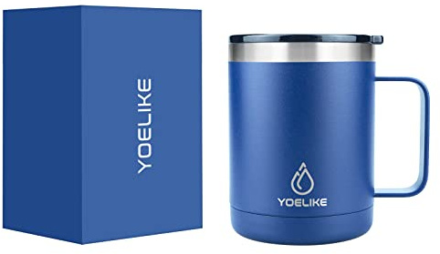 yoelike Isolierter Kaffeebecher mit Griff, 410ml Doppelwandiger Vakuum-Edelstahl Reise-Kaffeebecher Auslaufsicher, Pulverbeschichteter Campingbecher für Büro Outdoor Heiße Kalte Getränke Blau