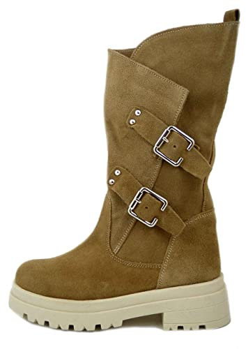 OSVALDO PERICOLI Stivali Biker Donna Estivi in Pelle Camoscio Beige Tortora con Fibbie, Tacco Basso, Made in Italy, 1530
