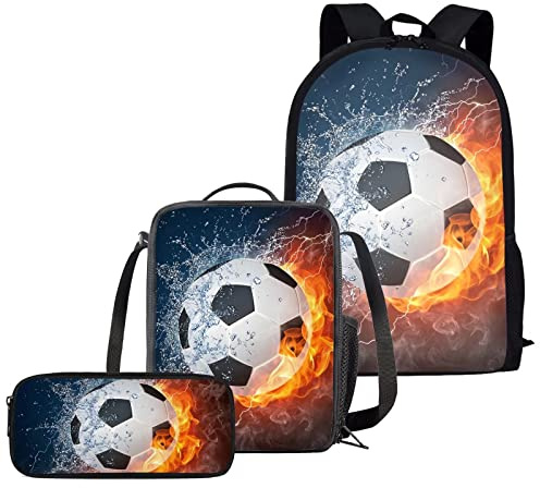 chaqlin Ensemble de 3 Sacs à Dos d'école de Football de Football pour garçons Filles, Sacs d'école en Polyester pour Enfants avec boîte à déjeuner Pique-Nique, Trousse à Fermeture éclair